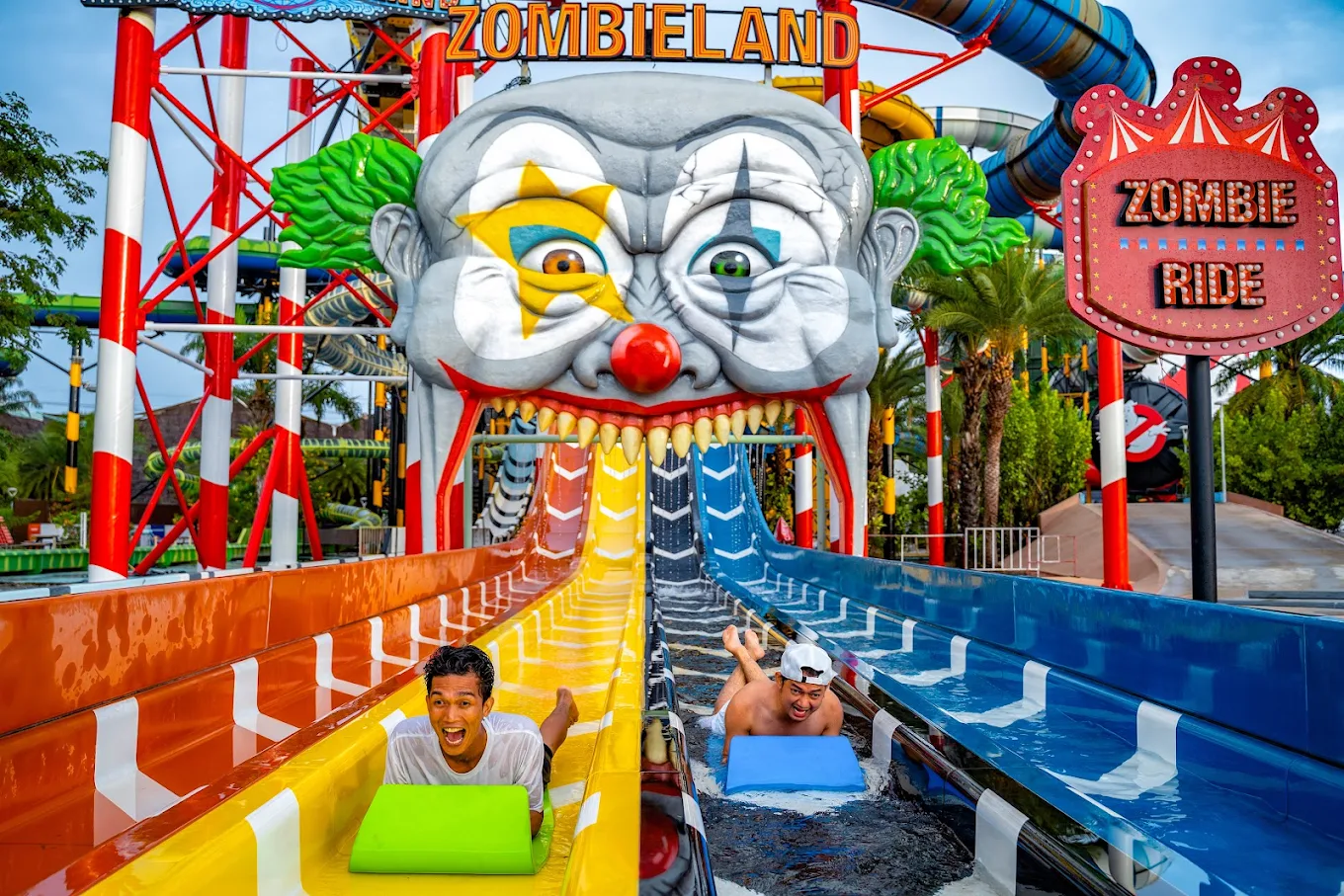 Zombieland Zone slide with its giant clown face at Columbia Pictures Aquaverse