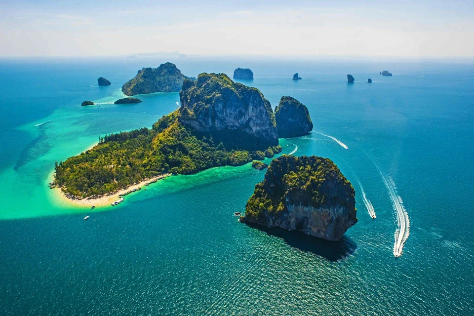 Aerial view of the Krabi Hong Islands limestone karsts and turquoise bays